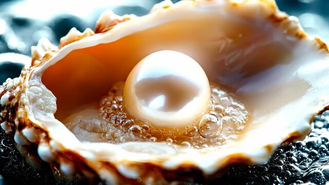 Ocean treasure, a luminous pearl rests inside a textured shell, shimmering with natural beauty, surrounded by gentle water ripples.