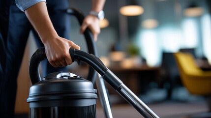 Industrial vacuum cleaner used by faceless professional cleaners on office carpet expert rug care commercial cleaning service expert maintenance office sanitation