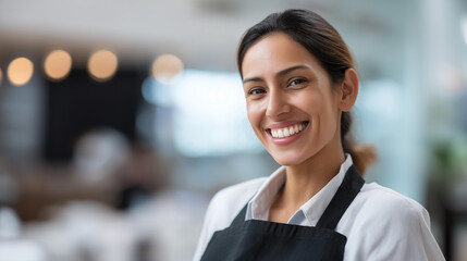 Smiling faceless cleaning lady professional janitorial worker housekeeping service maintenance staff sanitation employee happy cleaner defocused background with copy space