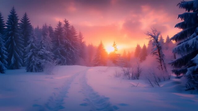 A vivid winter landscape with snowcovered trees and a radiant sunset. The sky is painted in hues of pink, orange, and purple, with the sun casting a warm glow over the scene.