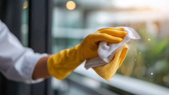 Blurred image faceless housekeeper cleaning service working at office blur background use prevention infection concept spring cleaning maintenance defocused background with