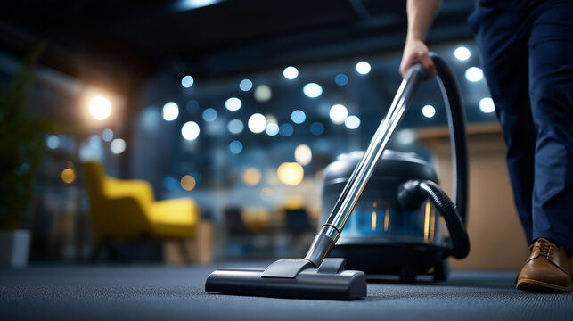 Industrial vacuum cleaner used by faceless professional cleaners on office carpet expert rug care commercial cleaning service expert maintenance office sanitation