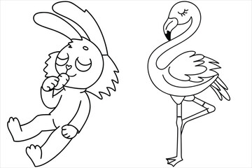Fototapeta premium Rabbit Flamingo Outline Vector Illustration For Coloring Pages
