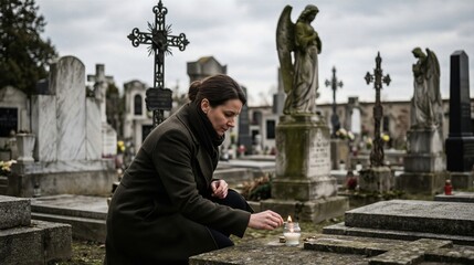 Fototapeta premium Woman lighting candle in old graveyard. Memorial ritual to commemorate deceased loved one. Grief, loss and remembrance concept for funeral service.