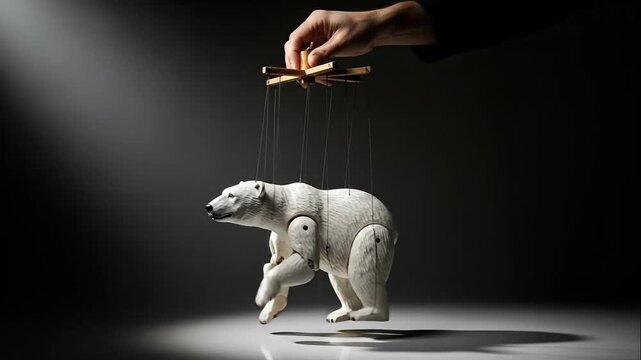 White polar bear depicted as a marionette puppet hanging on strings, from above a human hand controlling it with a wooden controller, symbolizing Arctic influence.