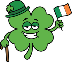 Smiling Shamrock Character Holding Irish Flag Vector Illustration for St Patrick&rsquo;s Day.