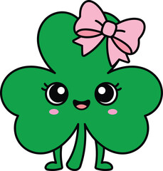 Cute Shamrock with Pink Bow Vector Illustration for St Patrick&rsquo;s Day.