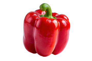 Vibrant red bell pepper isolated on transparent background. Red bell pepper with green stem isolated on white background.