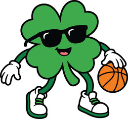 Cool Shamrock Basketball Player Character Vector Illustration for St Patrick&rsquo;s Day.
