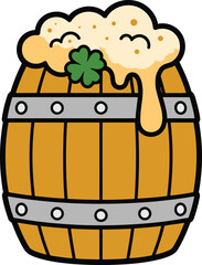 Beer Barrel with Foam and Clover Vector Illustration for St Patrick&rsquo;s Day.