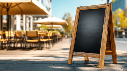 A sleek black notice board stands ready for menu updates, set against the backdrop of a vibrant outdoor dining experience filled with wooden tables and chairs