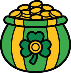Pot of Gold with Clover Vector Illustration for Luck and St Patrick Concept.