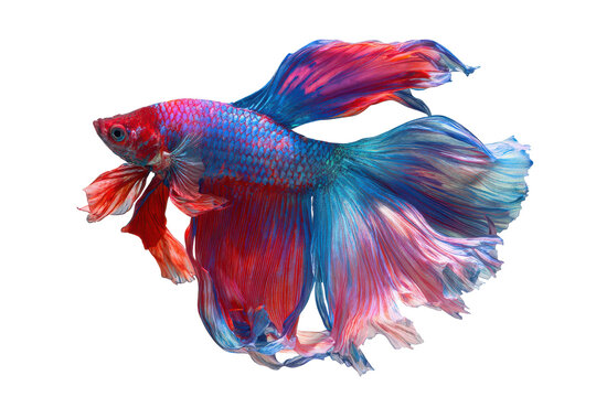 Vibrant betta fish with flowing fins isolated on transparent background. Siamese fighting fish with flowing fins red and blue isolated on white background.
