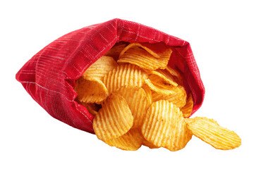 Crispy potato chips spilling out of a red mesh bag isolated on transparent background. Bag of ruffled potato chips spilling isolated on white background.