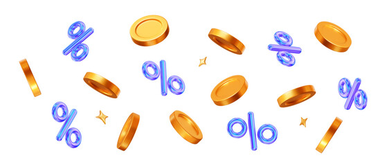 3d vector flying gold shiny coins with blue neon percent discount. For promotion, marketing and advertising in social networks. Stock vector illustration on isolated background.	

