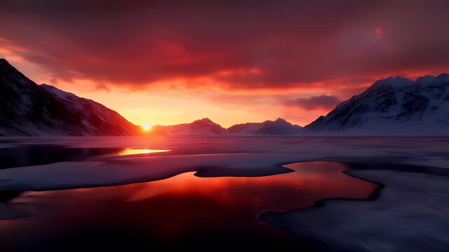 A vivid, highresolution digital artwork of a serene landscape during sunset. The sky is painted in a gradient of fiery oranges and reds, reflecting off the calm waters of a frozen lake.
