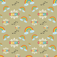 Naklejka premium Summer seamless pattern with rainbows and clouds