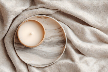 luxurious table setting, minimalistic flat lay featuring marble coaster, linen napkin, and a scented candle on a neutral beige background with soft natural light ample space for text