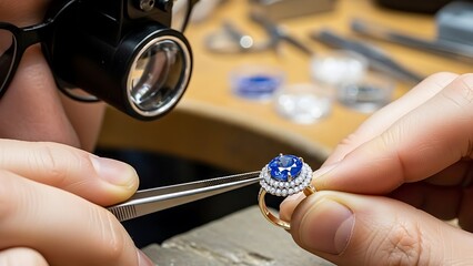 Close-up of jeweler examining sapphire ring with tools in workshop