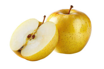 Golden delicious apple cut in half isolated on transparent background. Golden apple one whole and one half showing seeds isolated on white background.