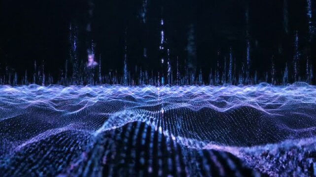 Dynamic digital particle waves surging through an abstract cyber landscape, viewed from a low angle