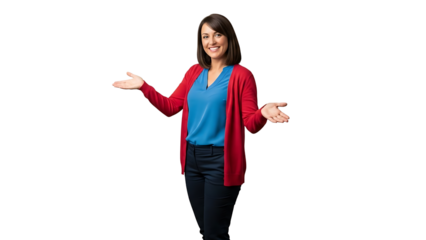 A smiling woman in a red cardigan presenting something on a transparent background