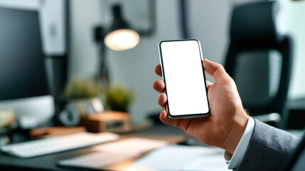 A man in a sleek business suit attentively examines a white screen on his smartphone while seated at a desk in a contemporary office space