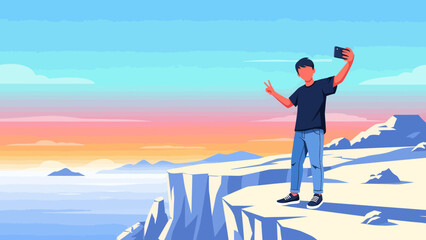 Obraz premium Young Man Taking Selfie On A Cliff Against A Beautiful Sunset Landscape