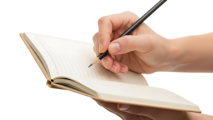 A hand holding a pen and writing in an open notebook on transparent background