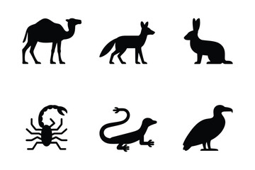 Desert animal silhouettes set including camel fox and scorpion