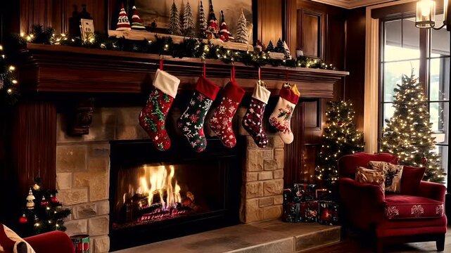 A Christmasthemed living room with a fireplace adorned with stockings and ornaments. The main subject is the fireplace, which is the focal point of the room. The stockings are hung on the mantel.