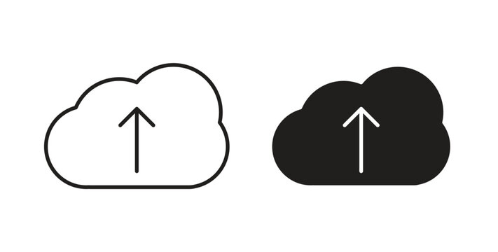 Cloud upload icons vector symbol with editable stroke and flat versions
