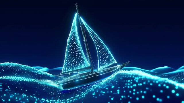Luminous Particle Sailboat on Abstract Digital Sea