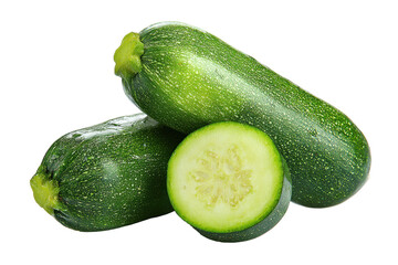 Fresh zucchini vegetables isolated on transparent background. Fresh zucchini with one slice isolated on white background.
