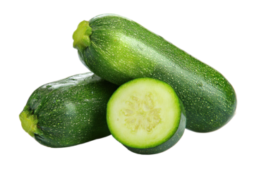 Fresh zucchini vegetables isolated on transparent background. Fresh zucchini with one slice isolated on white background.