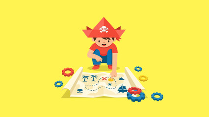 Fototapeta premium Young Adventurer Discovers Treasure Island On Cartoon Map With A Pirate Costume