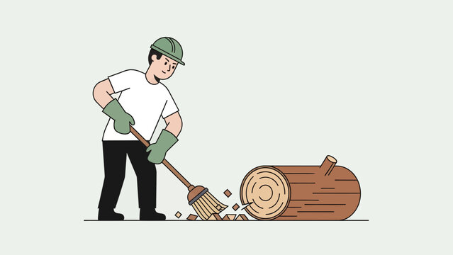 Worker Sweeping Wood Fragments From the Log After Cutting for Manufacturing