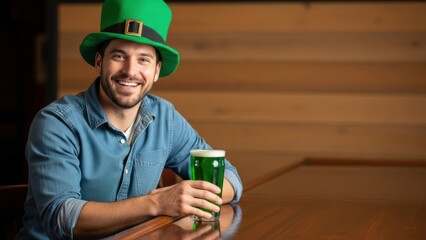 Man with green hat drinking beer at bar. St Patrick Day celebration. Irish holiday tradition party with happy person.
