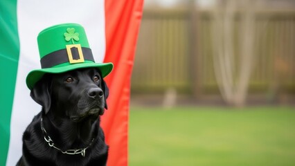 Black dog wearing green leprechaun hat next to Ireland flag for St. Patricks Day celebration. Pet holiday theme.