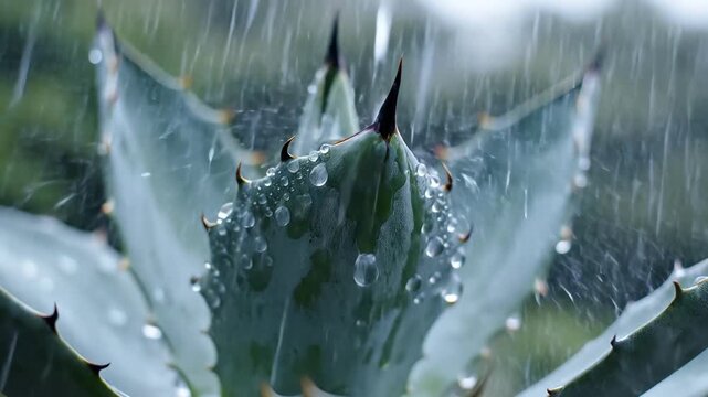 Close up of Agave plant in the rain with water droplets on leaves.