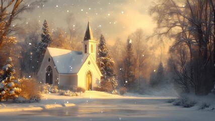 A digital artwork depicting a serene winter landscape with a church in the foreground. The church is white with snowcovered rooftops and a steeple.