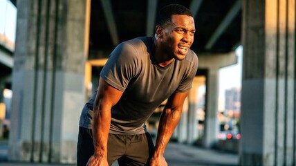 Tired black man catching breath after urban workout at sunset