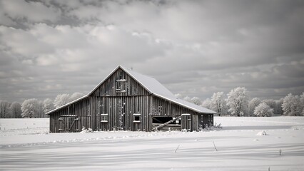 Rustic wooden barn in a snowy field during winter. Old farm building landscape with frosted trees and overcast sky