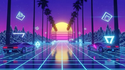 Retro 80s Synthwave Grid Landscape with Palm Trees and Sunset