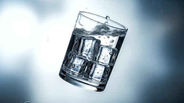 Whiskey Glass with Ice Cubes Falling.