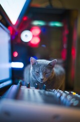 A curious gray cat roams near a sound mixer in a vibrant music studio. Flickering lights cast a...