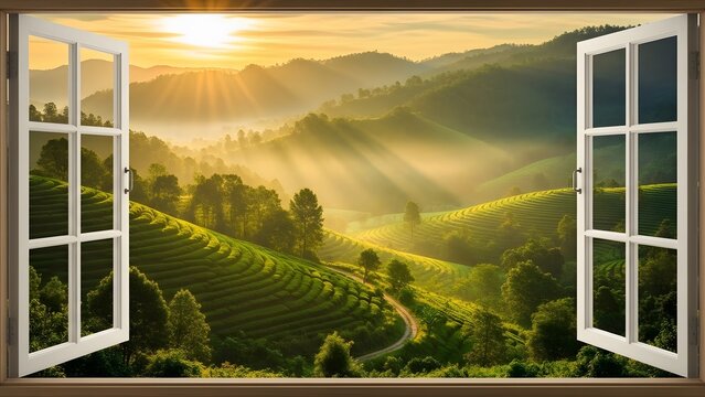 Sunlit misty mountain landscape with rolling hills covered in green tea plantations viewed through open window, serene sunrise over rural countryside, tranquil nature scenery