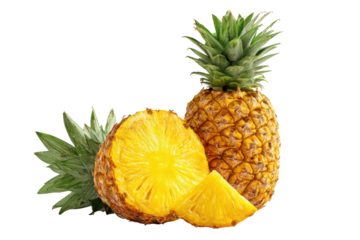 Whole and sliced pineapple isolated on transparent background. Fresh pineapple whole cut sliced and a piece isolated on white background.