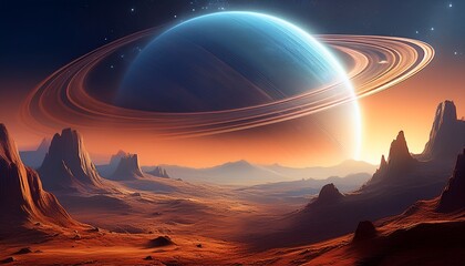 a ringed planet s glow over a desert landscape digital art space planets fantasy sky