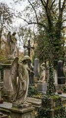 Fototapeta premium Angel woman statue in cemetery. Grave crosses with plants at graveyard. Memorial and funeral rites. Grief and remembrance concept.